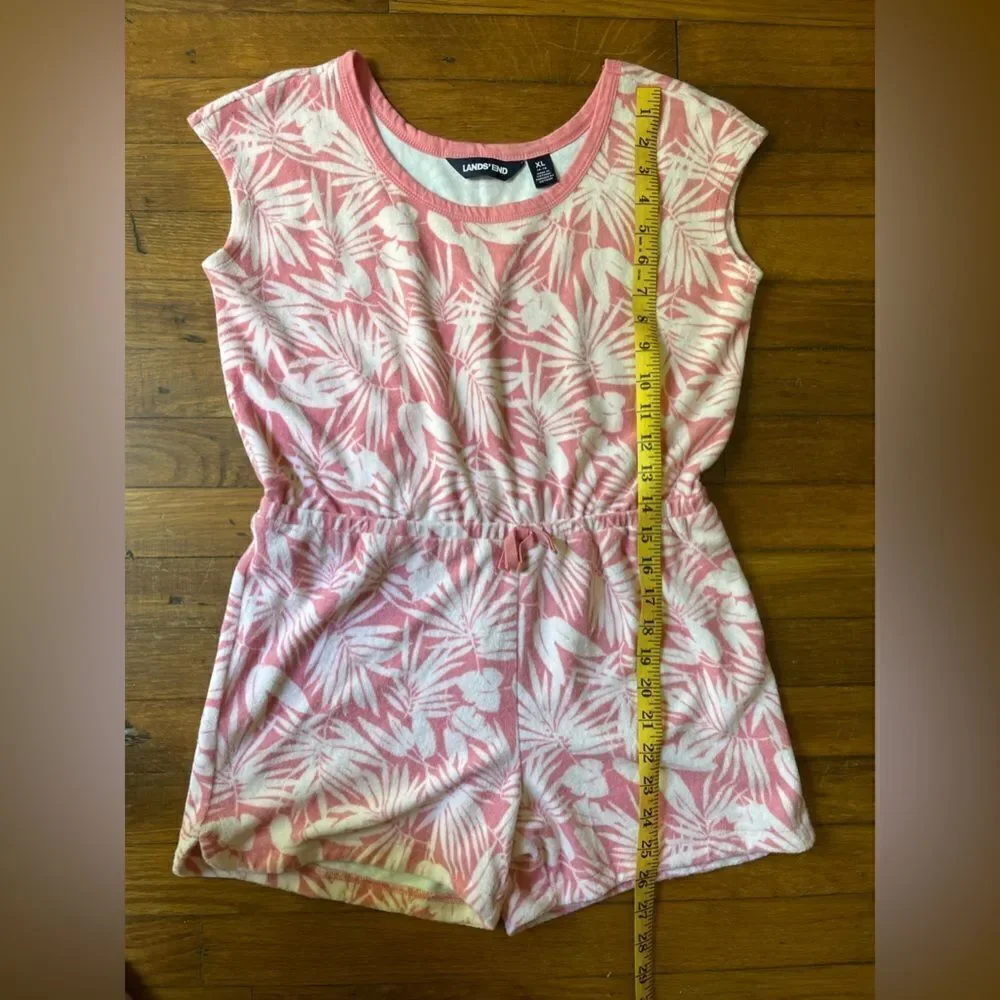 LANDS END Girls XL 14-16 pink and white terry cloth romper